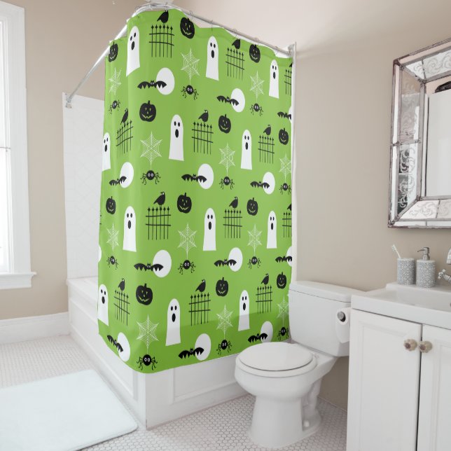 Green Kids Halloween Print Shower Curtain (In Situ)