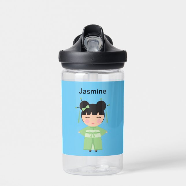 Green Kimono Japanese Doll Personalised Water Bottle (Front)
