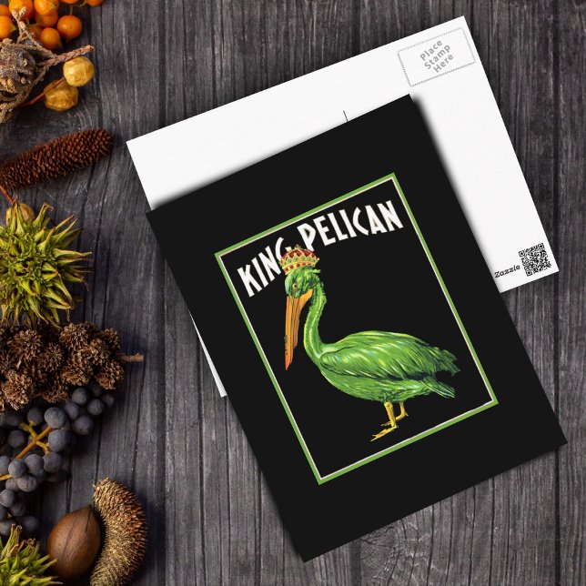 Green King Pelican Postcard (King pelican bird with green feathers wearing a crown on its head on black postcard.)