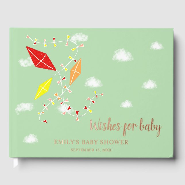 Green Kites Baby Shower Gold Foil Wishes for Baby  Guest Book (Front)