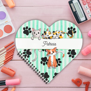 Green Kittens & paws heart shaped Notebook