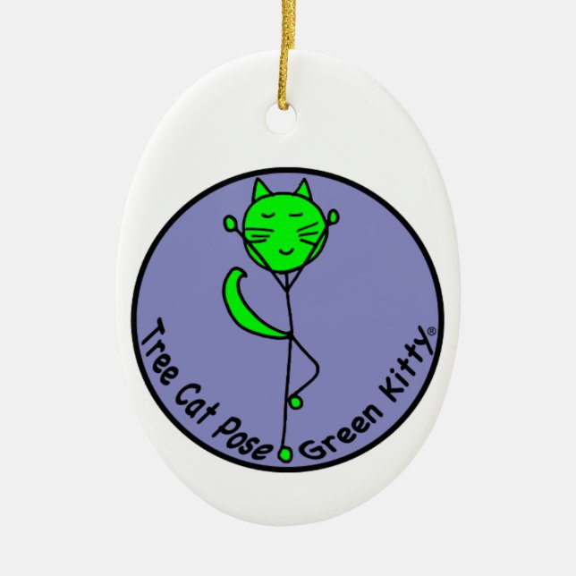 Green Kitty Yoga Ceramic Tree Decoration (Front)