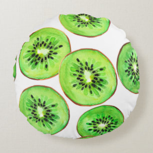 Green Kiwi Fruit Watercolor Set Round Cushion
