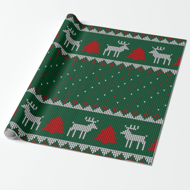 GREEN KNITTED CHRISTMAS SWEATER WRAPPING PAPER (Unrolled)