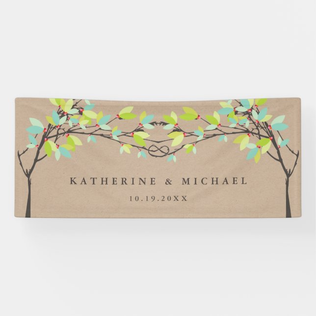 Green Knotted Love Trees On Kraft Spring Wedding Banner (Horizontal)