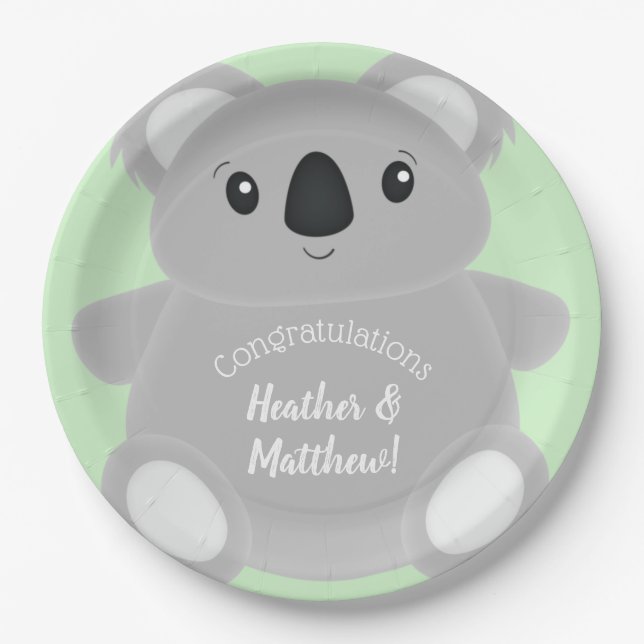Green Koala Bear Baby Shower Paper Plate (Front)