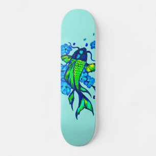 Green Koi Carp Blue Flowers Skateboard