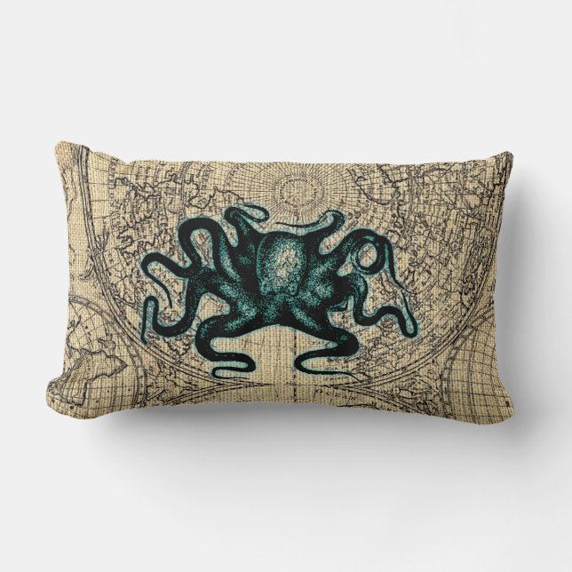 Green Kracken Illustration Map Coastal Honey Lumbar Cushion (Front)