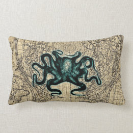Green Kracken Illustration Map Coastal Honey Lumbar Cushion