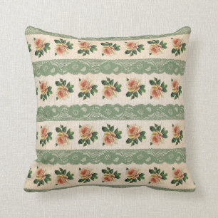 Green Lace and Pink Rose Vintage Cushion