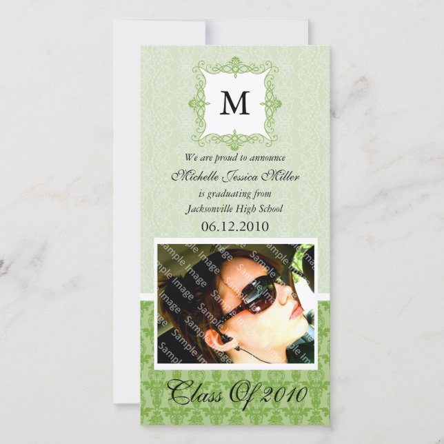 Green Lace Damask Initial Graduation Photo Card (Front)