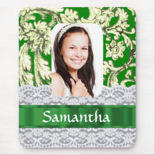 Green lace damask personalised photo mouse mat