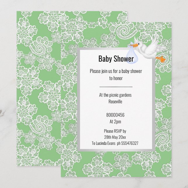 GREEN LACE DETAIL WHITE STORK BABY SHOWER INVITATION (Front/Back)