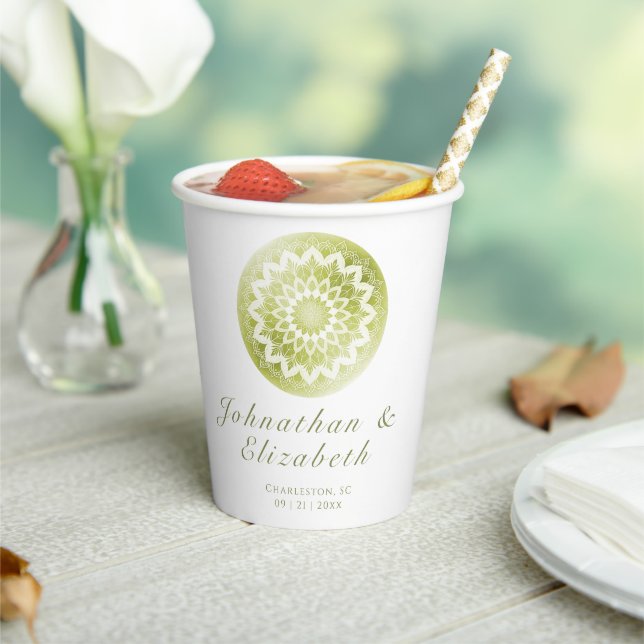 Green Lace Mandala Wedding Paper Cups (Insitu)