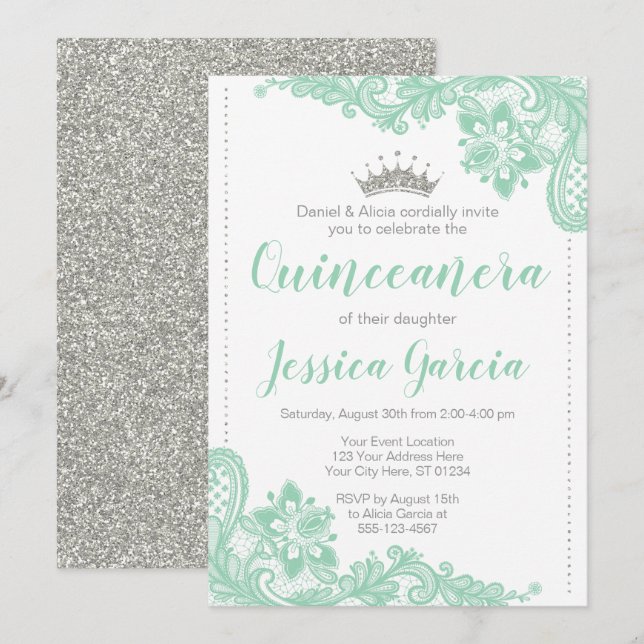 Green Lace & Silver Glitter Princess Quinceañera Invitation (Front/Back)