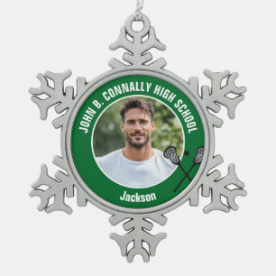 Green Lacrosse Player Photo High School Snowflake Pewter Christmas Ornament