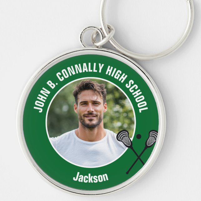Green Lacrosse Player Photo High School Spirit Key Ring (Front)
