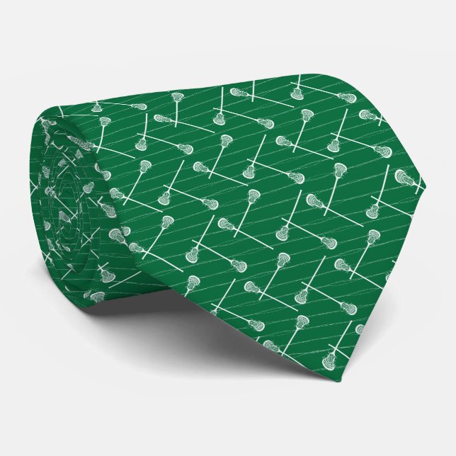 Green Lacrosse White Sticks Patterned Tie (Rolled)
