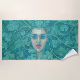 Green Lady, Forest Queen, pastels, fantasy art Beach Towel