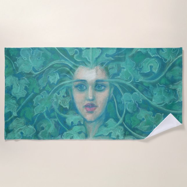 Green Lady, Forest Queen, pastels, fantasy art Beach Towel (Front)