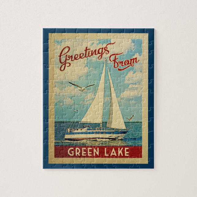 Green Lake Jigsaw Puzzle Sailboat Retro Wisconsin (Vertical)