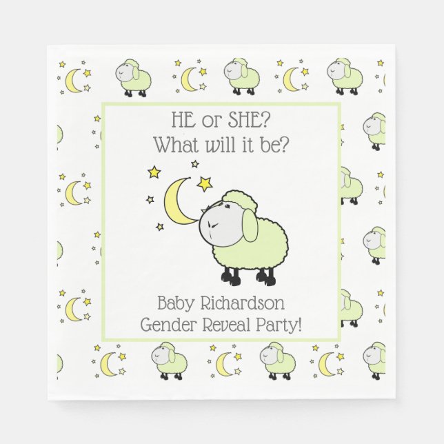 Green Lamb with Moon and Stars Gender Reveal Party Napkin (Front)