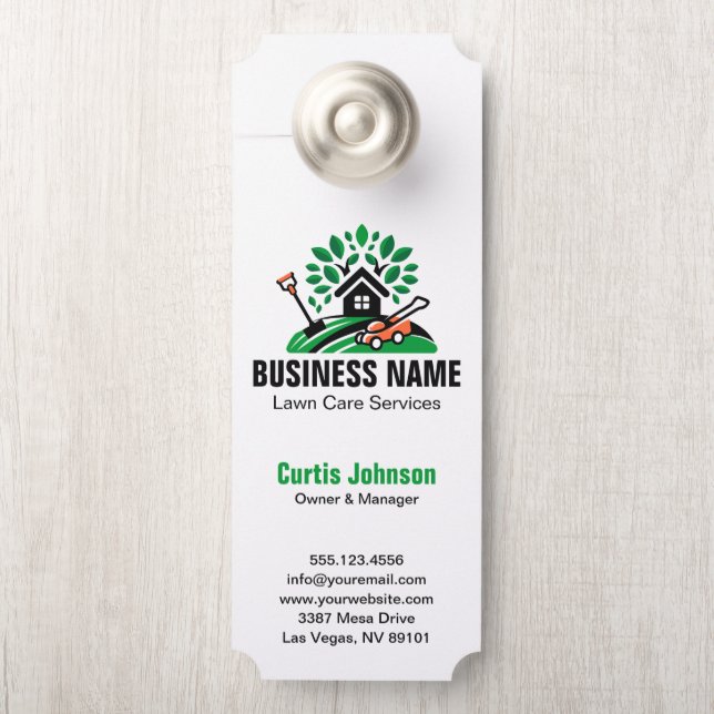 Green Landscape Logo House Tree Lawn Mower Qr Code Door Hanger (On Knob)