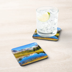Green Landscape with Pond and Snowy Mountains Coaster