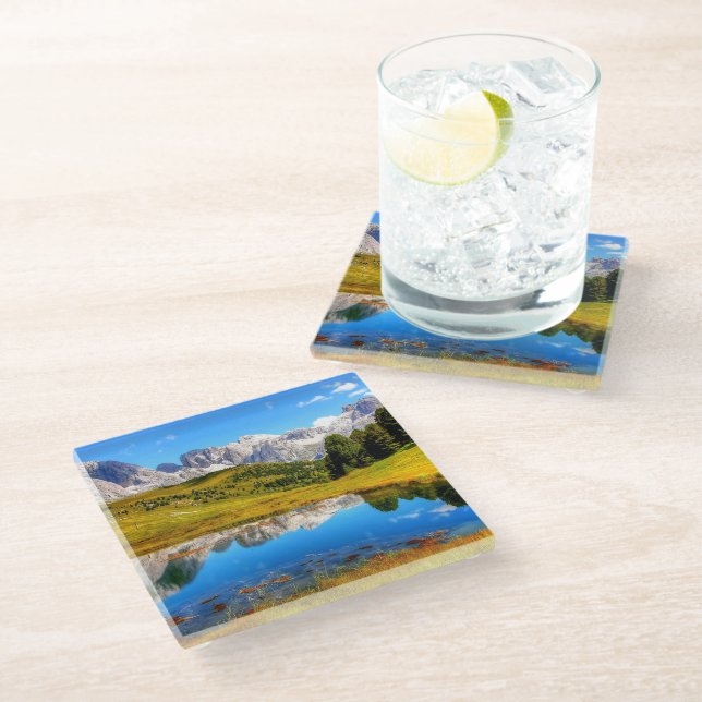 Green Landscape with Pond and Snowy Mountains Glass Coaster (Angled)