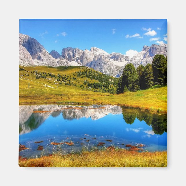 Green Landscape with Pond and Snowy Mountains Magnet (Front)