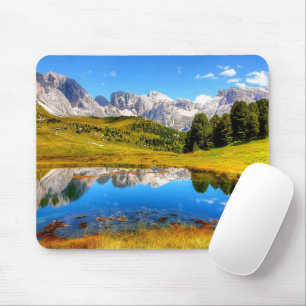 Green Landscape with Pond and Snowy Mountains Mouse Mat