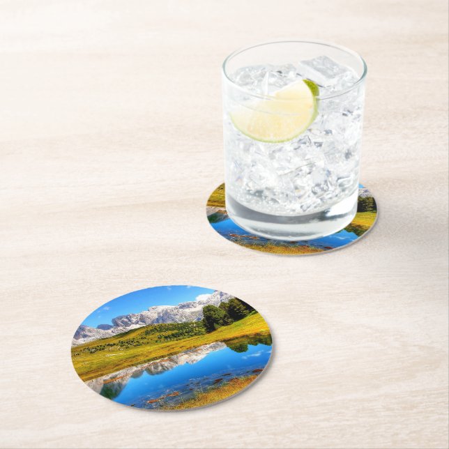 Green Landscape with Pond and Snowy Mountains Round Paper Coaster (Insitu)