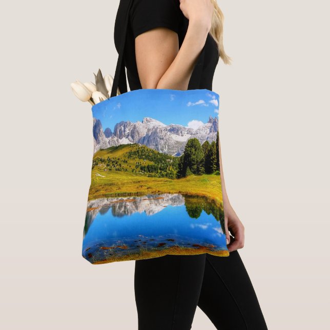Green Landscape with Pond and Snowy Mountains Tote Bag (Close Up)