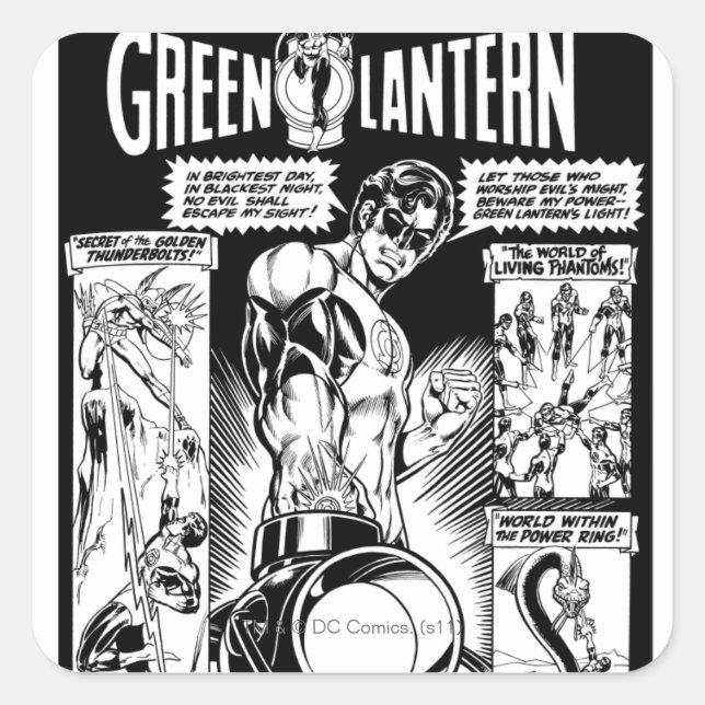 Green Lantern  - Green Shaded Comic, Black Square Sticker (Front)