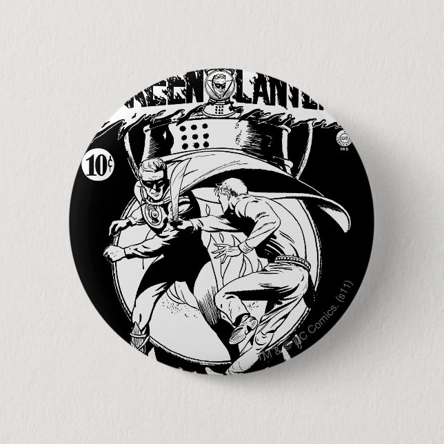 Green Lantern with cape in fight, Black and White 6 Cm Round Badge (Front)