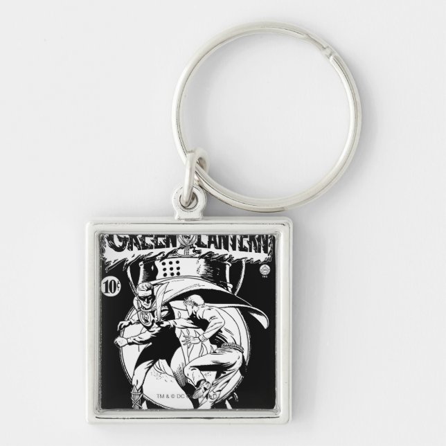 Green Lantern with cape in fight, Black and White Key Ring (Front)