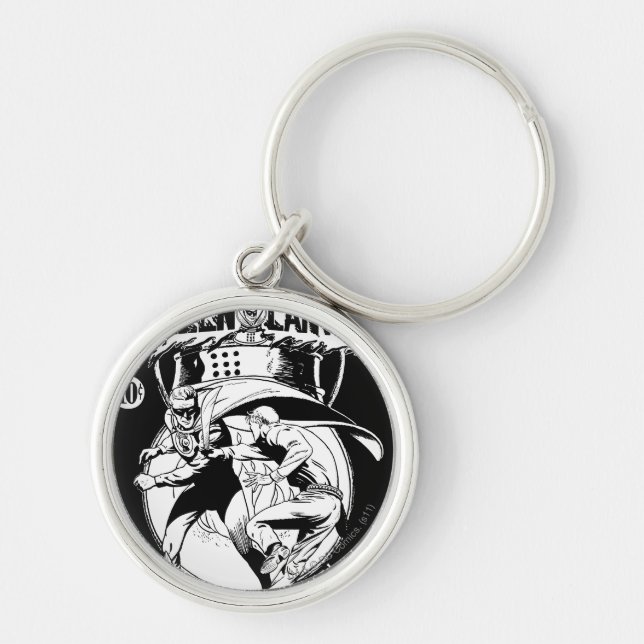 Green Lantern with cape in fight, Black and White Key Ring (Front)