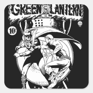 Green Lantern with cape in fight, Black and White Square Sticker