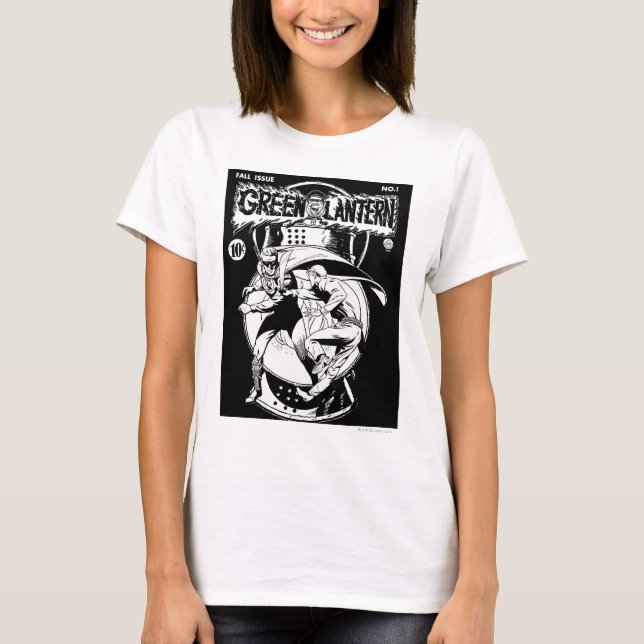 Green Lantern with cape in fight, Black and White T-Shirt (Front)