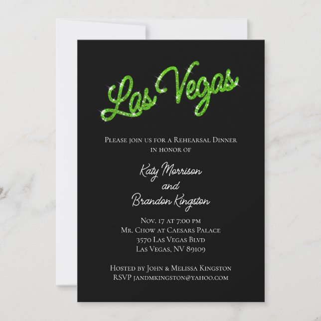 Green Las Vegas Sparkles Rehearsal Dinner Invitation (Front)