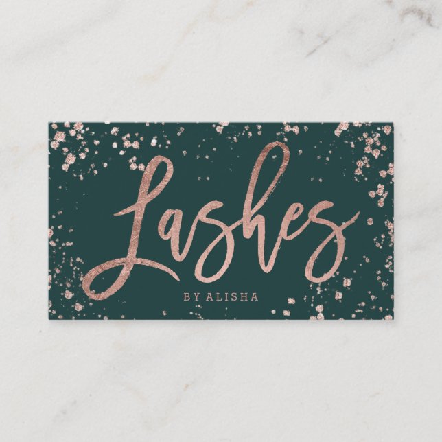 Green lashes script rose gold confetti splatters business card (Front)