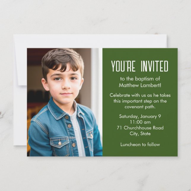 Green Latter-day Saint Child Photo Baptism Invitation (Front)