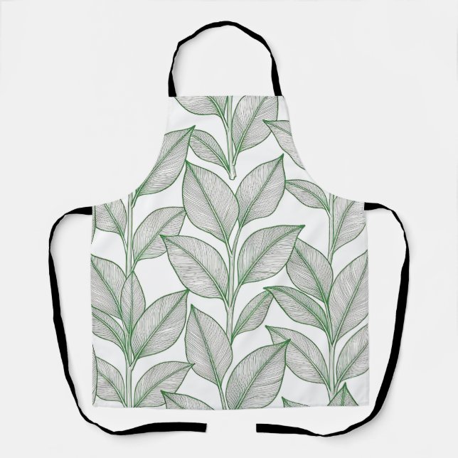 Green Laurel Leaf Botanical Pattern Apron (Front)