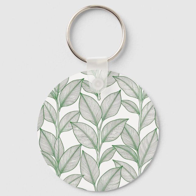 Green Laurel Leaf Botanical Pattern Key Ring (Front)