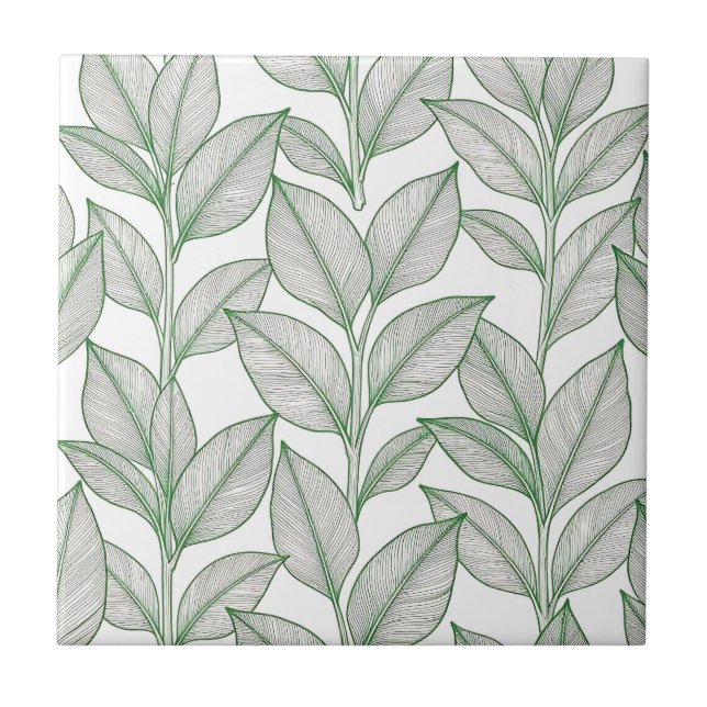 Green Laurel Leaf Botanical Pattern Tile (Front)