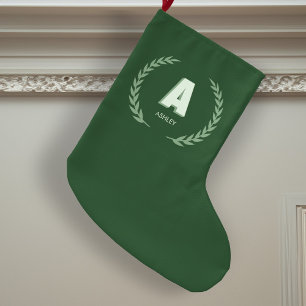 Green Laurel Wreath Letter A Monogram Large Christmas Stocking