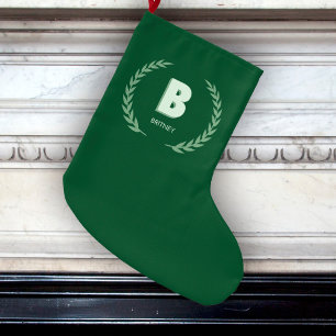Green Laurel Wreath Letter B Monogram Large Christmas Stocking