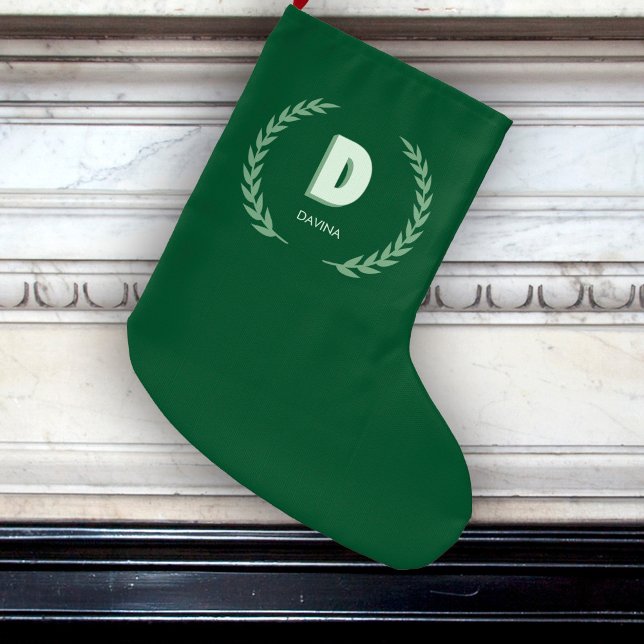 Green Laurel Wreath Letter D Monogram  Large Christmas Stocking (Creator Uploaded)
