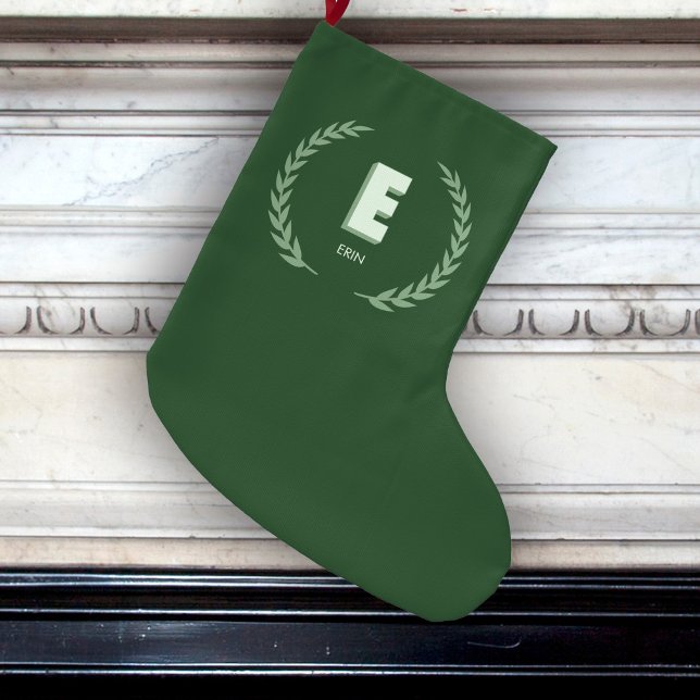 Green Laurel Wreath Letter E Monogram  Large Christmas Stocking (Creator Uploaded)