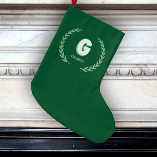Green Laurel Wreath Letter G Monogram Large Christmas Stocking